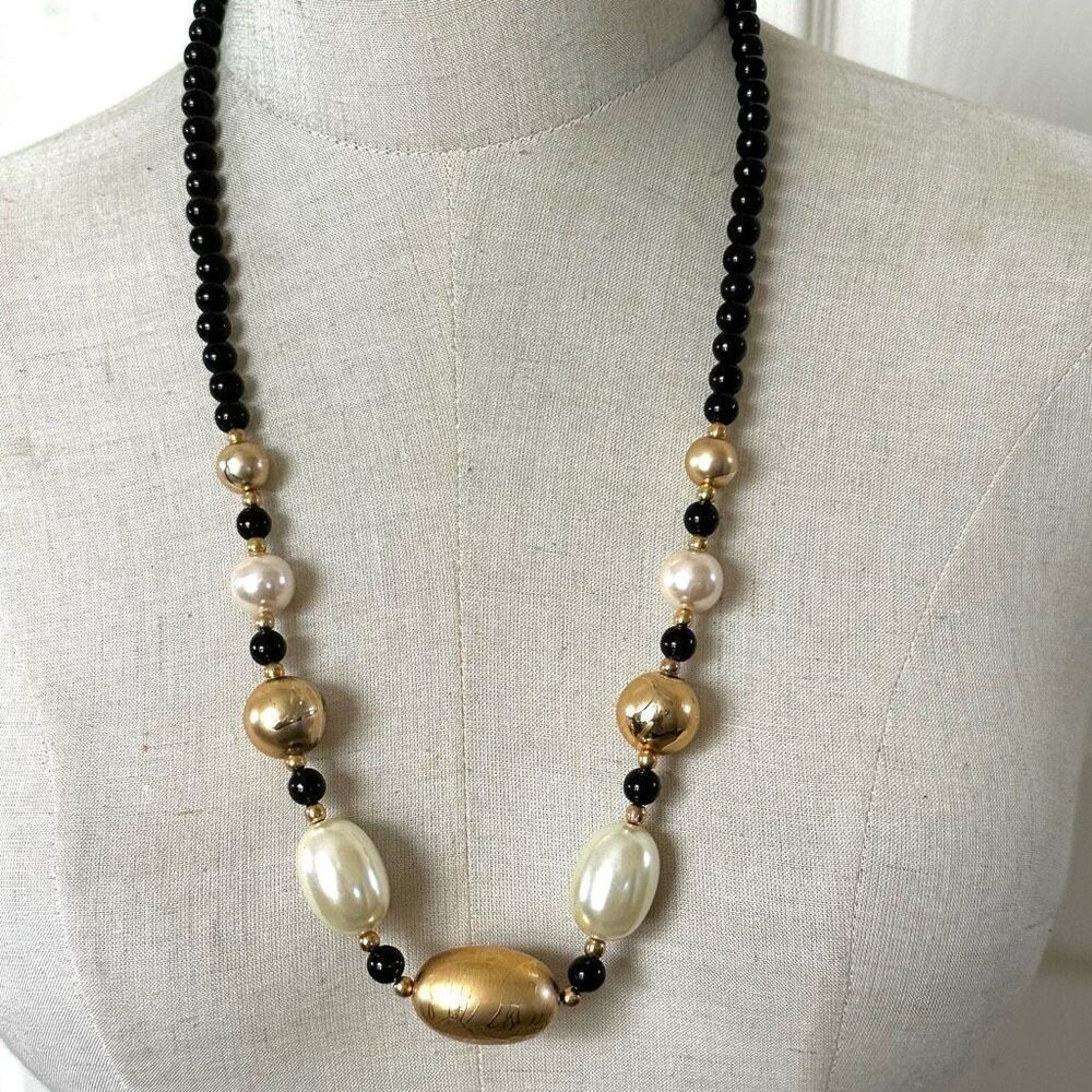 Gold tone faux pearl black beaded long necklace